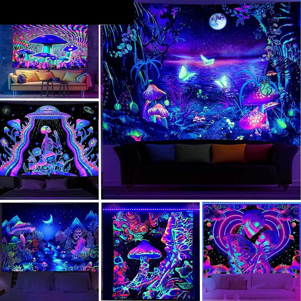 Large Blacklight Mushroom Tapestry UV Reactive Moon and Stars