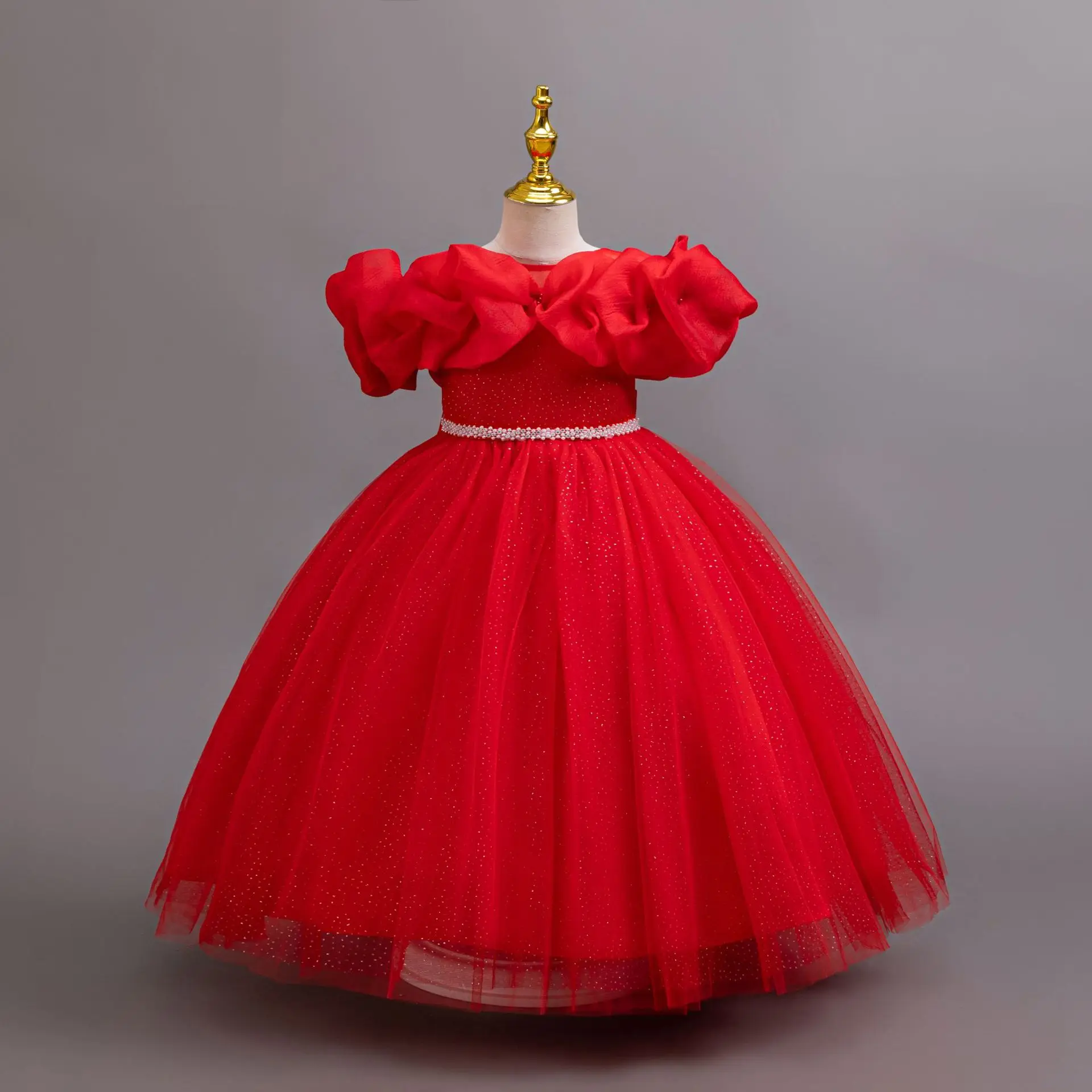 Shiny Toddler Little Big Girls Off Shoulder Ruffled  Wedding Flower Girl Birthday Party Pageant Formal Holiday Dress 3