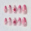 10Pcs Pink Gradient Handmade New Fake Nails Wearable Full Cover 3D Flowers Almond Nail Tips Set Detachable French Acrylic Nails