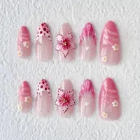 10Pcs Pink Gradient Handmade New Fake Nails Wearable Full Cover 3D Flowers Almond Nail Tips Set Detachable French Acrylic Nails