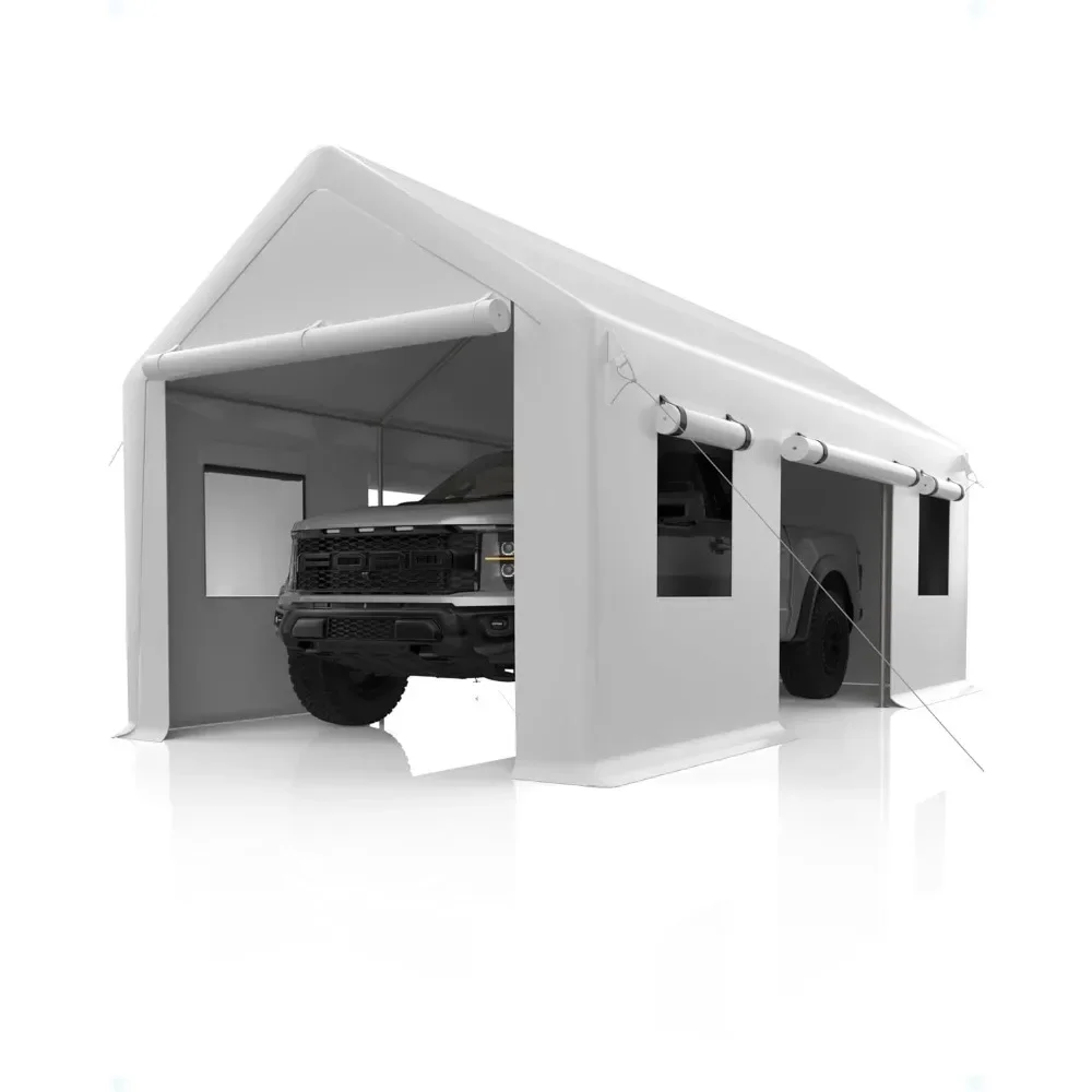 Garage Posto Auto Coperto 13 'X 20' Garage Portatile Resistente E 4 Finestre Con Porte Anteriori E Posteriori Bianco Per Camioncino Auto Casa