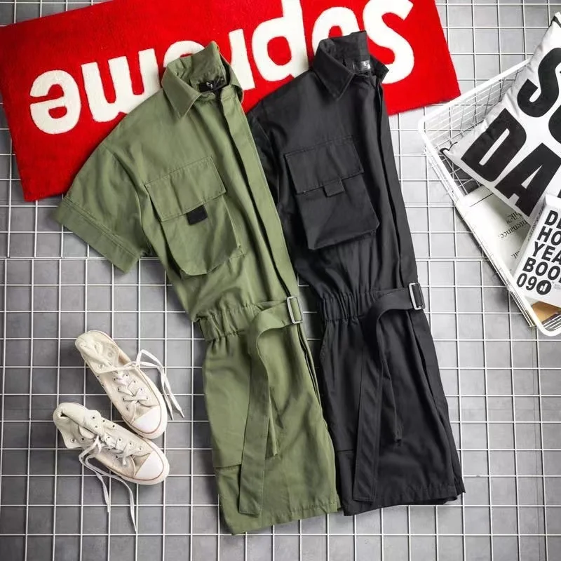 2024 Summer New Men's Japanese Short sleeved Shorts jumpsuit Set Trendy Retro Work Style jumpsuit Loose Set Ultra Thin Ice Silk 2