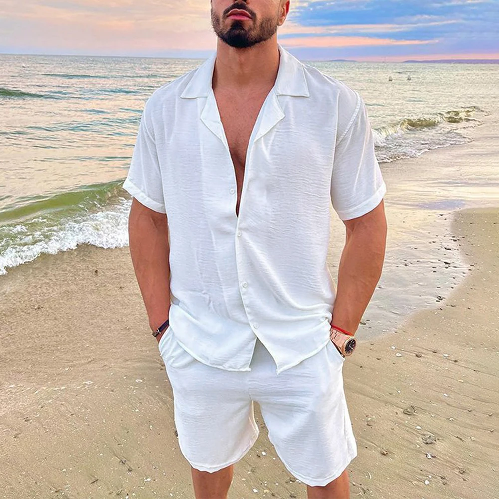 Solid Color Cotton Linen Hawaiian Shirt Set Men Summer New Vacation Fashion Lapel Casual Short Sleeve Top Shorts 2pcs Set