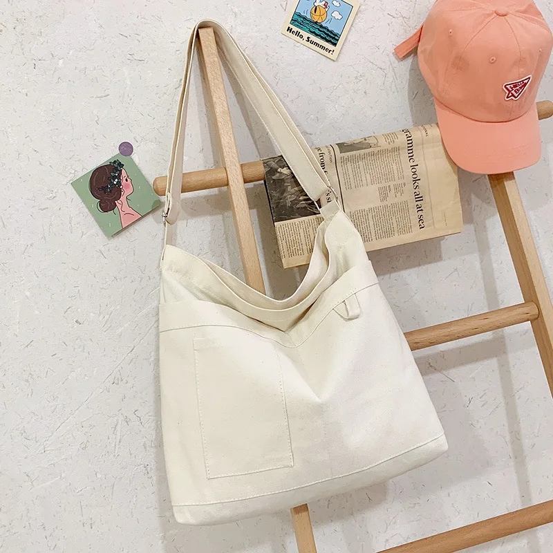 Cotton Canvas Bag With 3 External Pockets  Handbag High-Capacity Zipper Closure Suitable For Young Women and Female Students