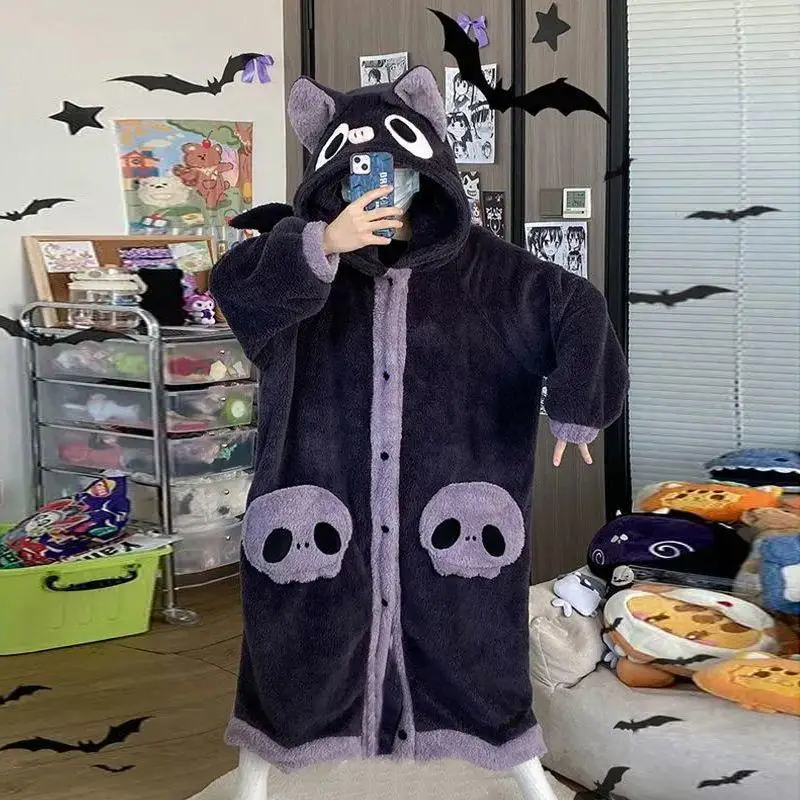 Women's Flannel Cosplay Costume Dinosaur Bat Rabbit Dog Animal Pajamas Cartoon Hooded Nightgown Halloween Christmas Nightdress