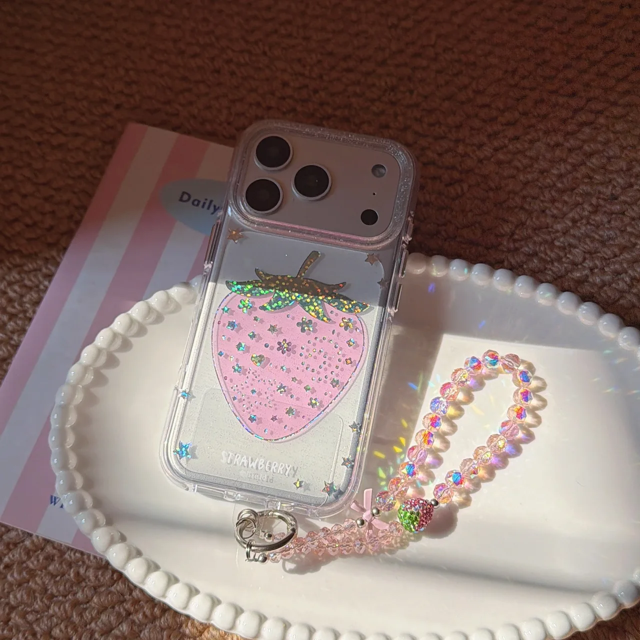 Strawberry Glitter Diamond Pink Transparent Phone Case