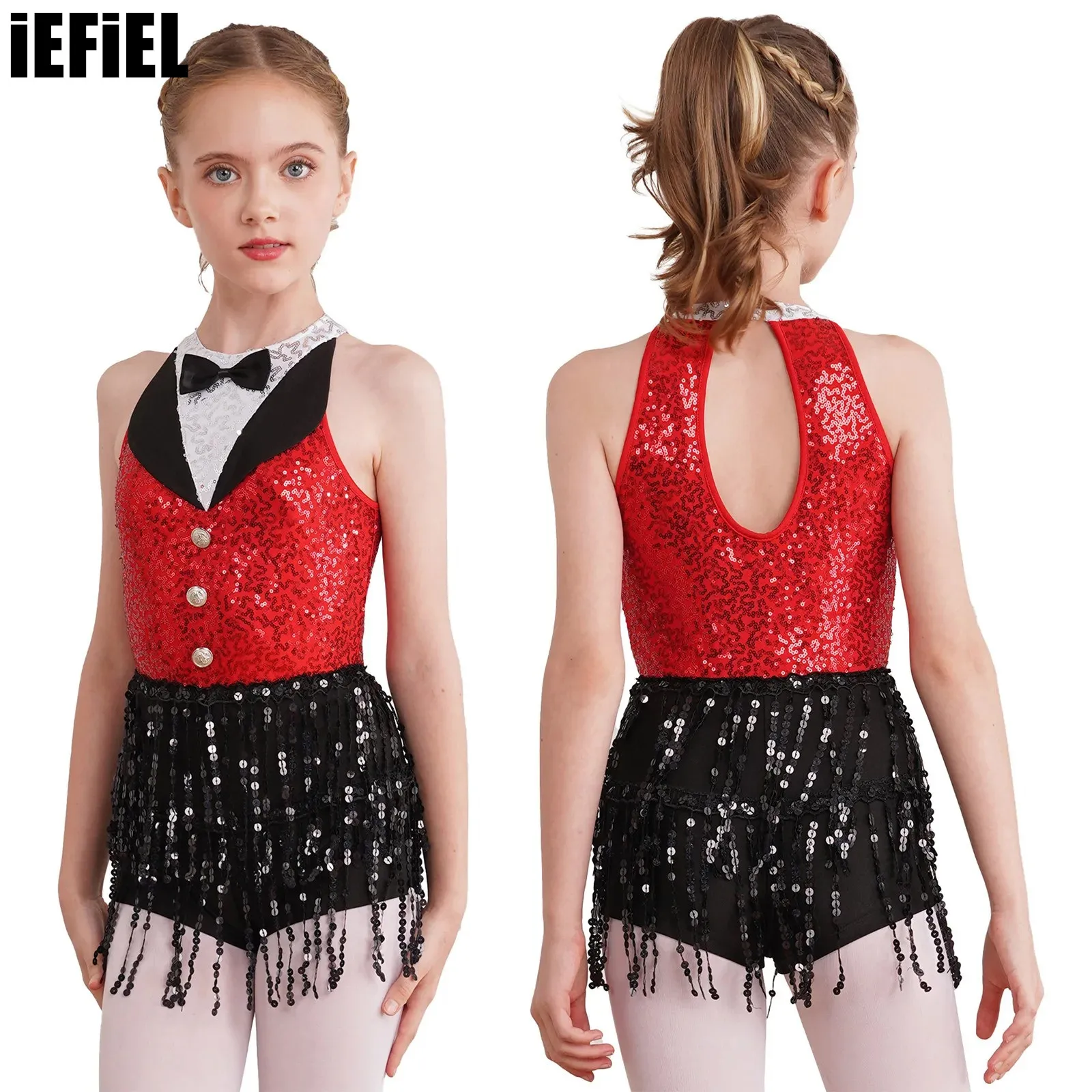 Kids Girls Sequin Tassel Dance Dress Sleeveless Back Keyhole Boyshorts Sequin One-Piece Dancewear for Latin Jazz girls dress children dance suit