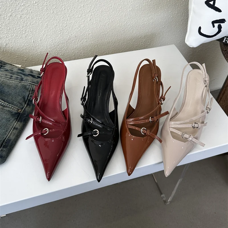 

New Spring, Summer and Autumn Women's High Heels Pointed Toe French Belt Buckle Sexy Toe-back Sandals