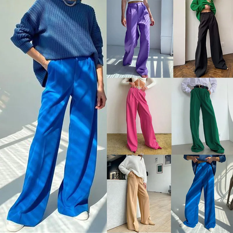 Blue Office Women'S Pants 2021 Fashion Loose Full Length Ladies Trousers Casual High Waist Wide Pants for Women