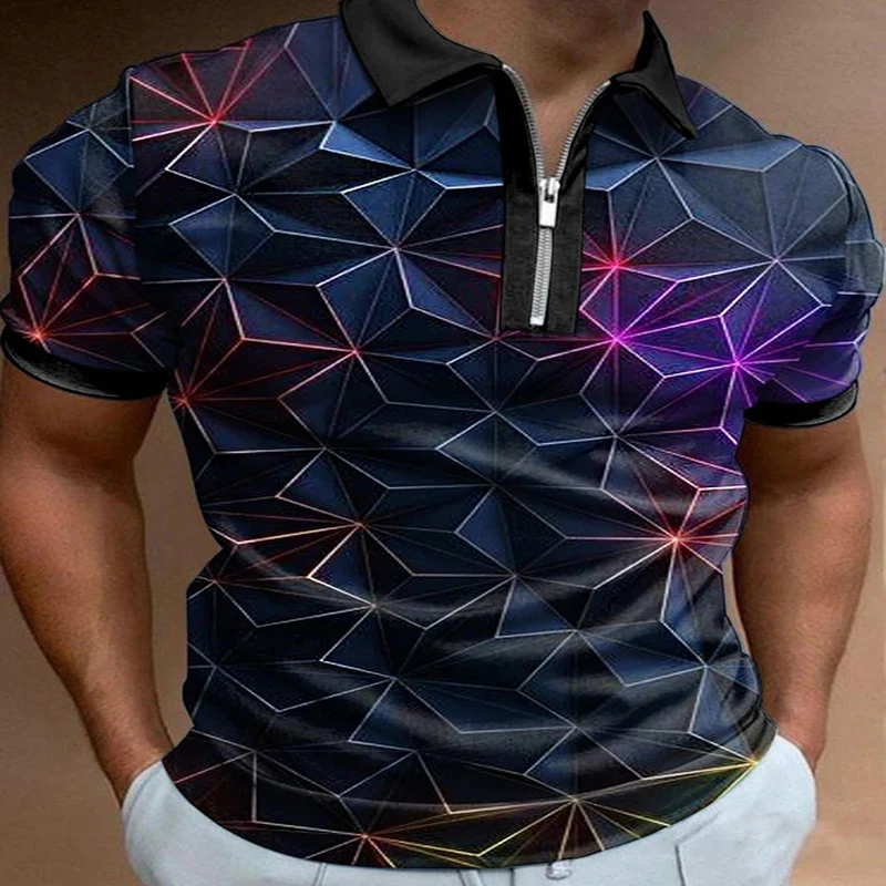 

Vintage Art Colorful Lines 3D Print Polo Zipper Short Sleeve Shirt for Men