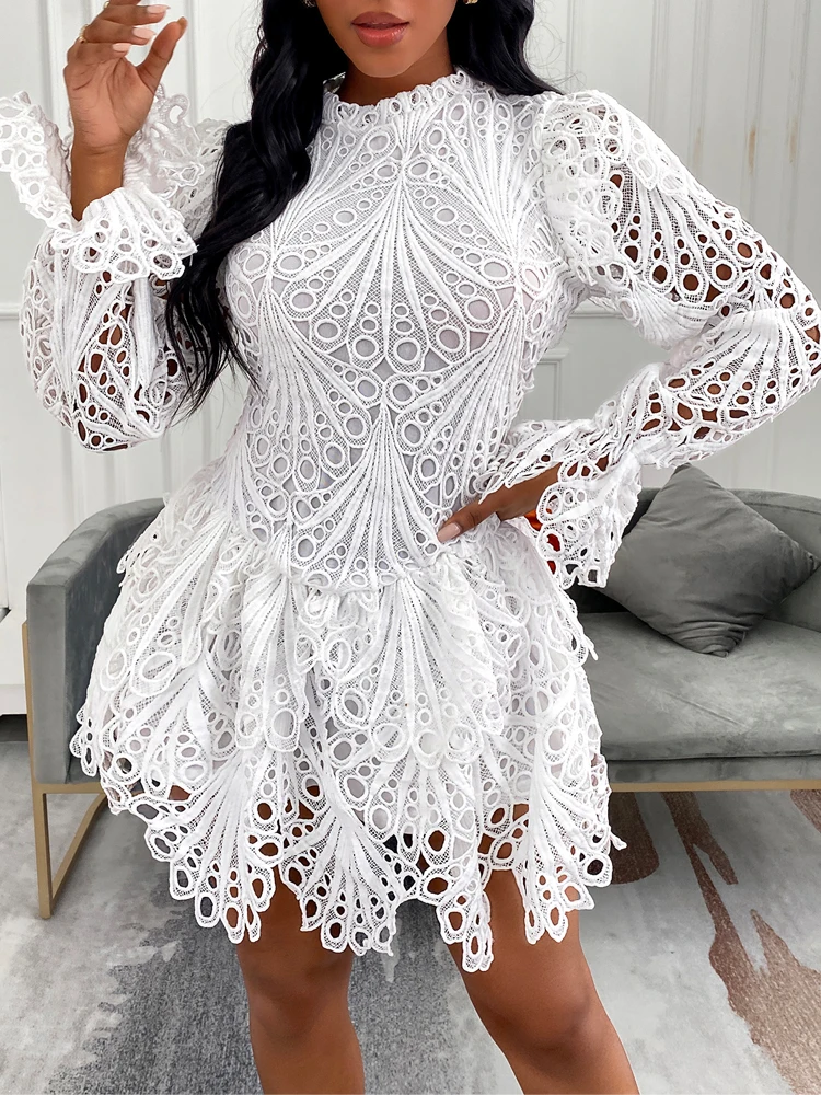 

Fashion Clubwear Women Sexy Lace Mini Dress Female Mini Crochet Hollow-out Flare Sleeve Lady Party Dress