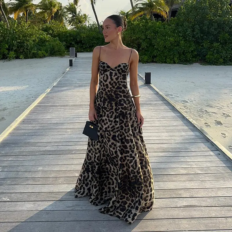 Vestidos largos con tirantes y estampado de leopardo Y2K para mujer, vestido de fiesta ajustado sin mangas con espalda descubierta, estilo vintage de verano 2025 para mujer _Nuevo