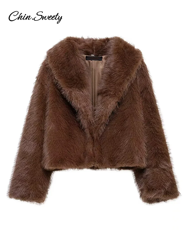 Brown Lapel Faux Fur Short Coat Women Fluffy Long Sleeve Warm Thick Loose Jacket 2024 Autumn Winter Lady High Street Outwear ﻿ 4