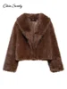 Brown Lapel Faux Fur Short Coat Women Fluffy Long Sleeve Warm Thick Loose Jacket 2024 Autumn Winter Lady High Street Outwear ﻿ 4