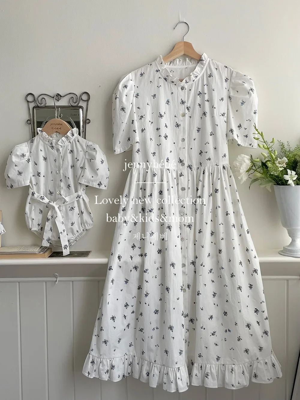 

Family Matching Clothes Summer Floral Dress Mother Daughter Short -sleeved Cotton Dress Women Dress Baby Girl Bodysuit