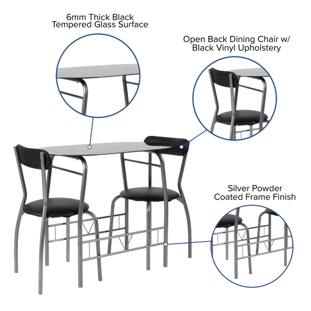 Stylish and modern space-saving dining set with black glass top table and black vinyl padded chairs.