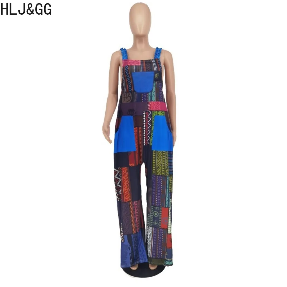 HLJ&GG Fashion Bohemian Paisley Printing Loose Strap Jumpsuits Women Sleeveless Backless Wide Leg Pants Playsuits Casual Overall