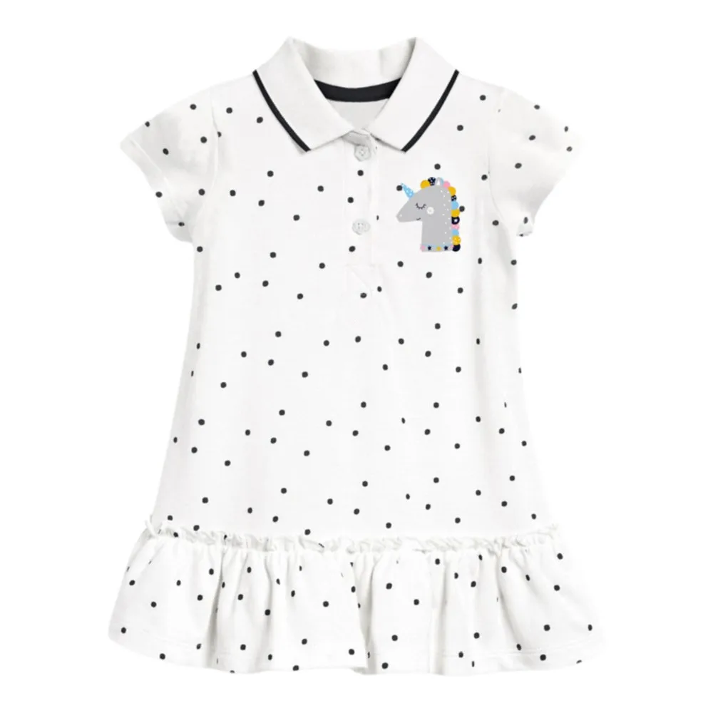 Girls Polo Dresses Summer Casual Children's Dresses Turn-down Collar Unicorn Dot Black Kids White Dress Back to School