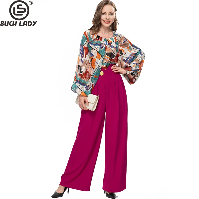 

Women's Runway Two Piece Pants O Neck Lantern Sleeves Printed Blouse with Wide Leg Long Pant Fashion Twinset Sets