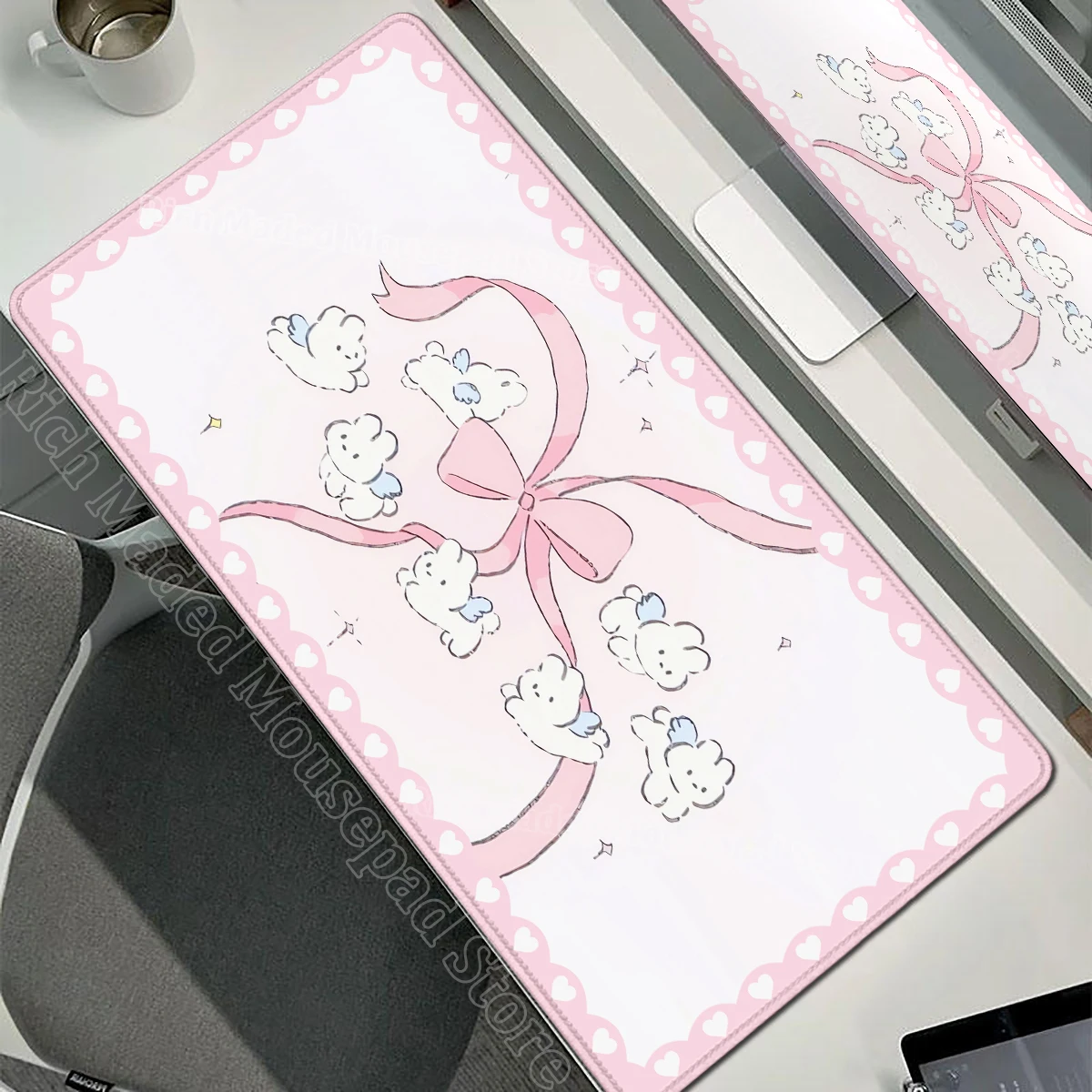 Pink Rabbit XXL Cute Love Gaming Mouse Pad - Non-Slip Soft Surface Desk Mat for Home and Office Decor