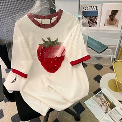Cotton Short Sleeve T-shirt Women's Summer  2023 Strawberry Embroidered Round Neck New Style Top Loose Women's Top