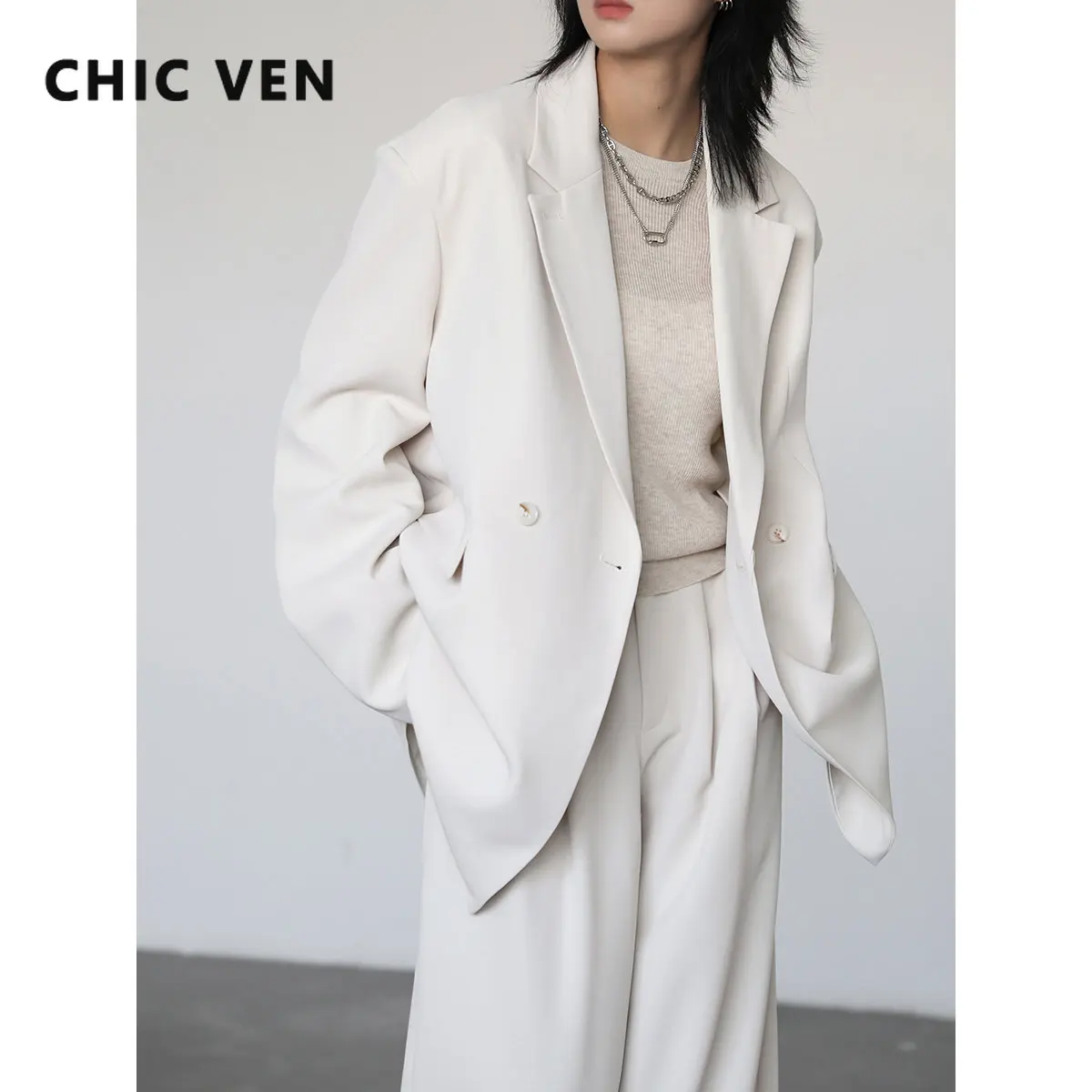 

CHIC VEN Women's Blazer Suits Solid Loose High Waist Straight Pants Two-piece Set Female Coat Office Lady Spring Autumn 2023