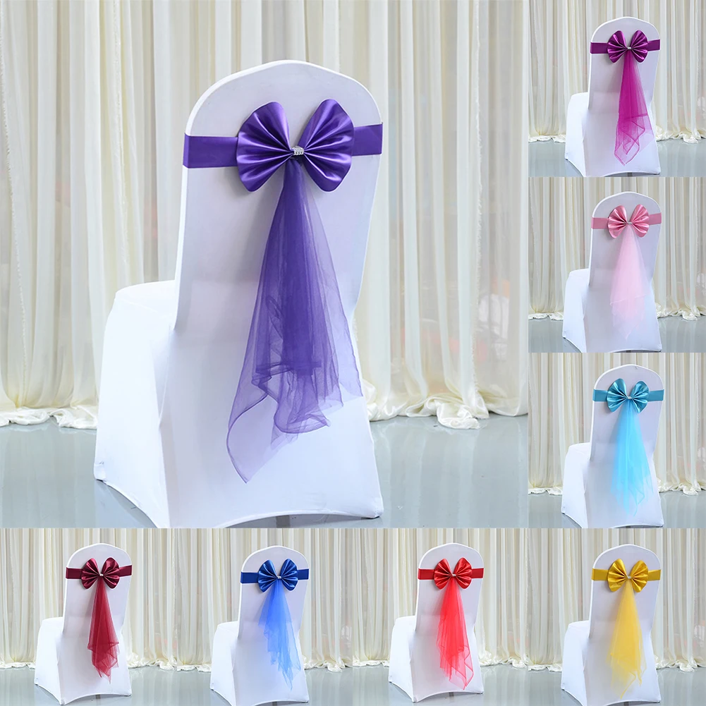 

10Pcs Elastic Chair Sashes Bow Flower Knot Cover Organza Chair Bow Tie For Party Wedding Decoration Hotel Banquet Decor