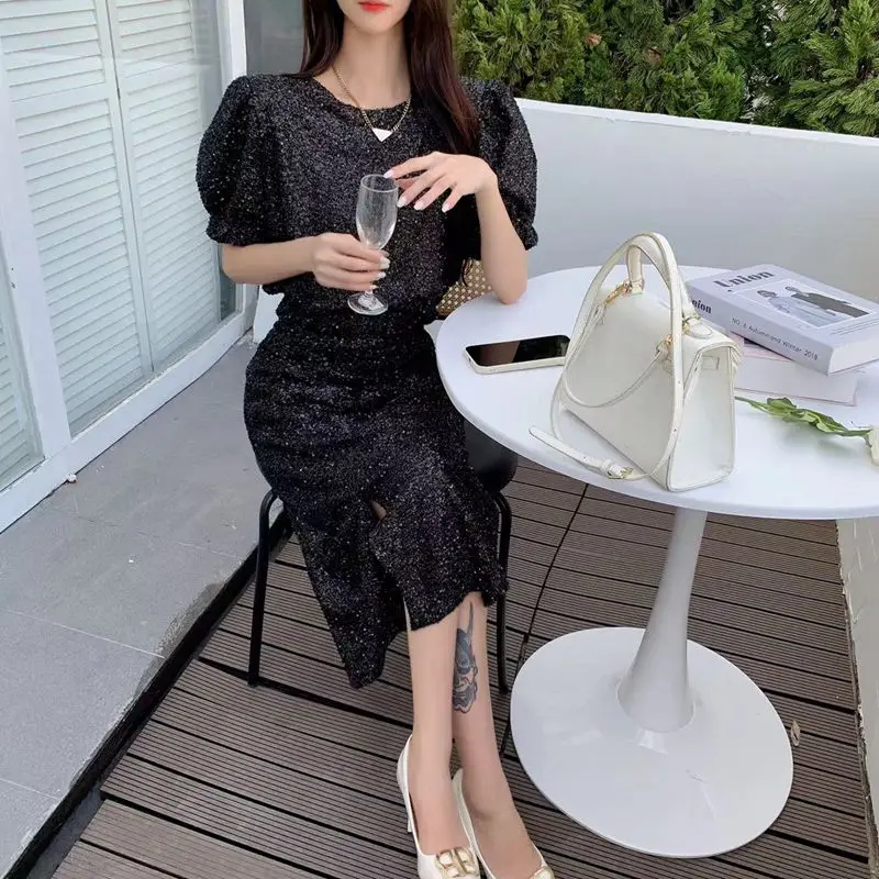 

2023 Autumn Skirt Two Piece Set Puff Sleeve Retract Waist Split Fork French Temperament Retro Free Shipping