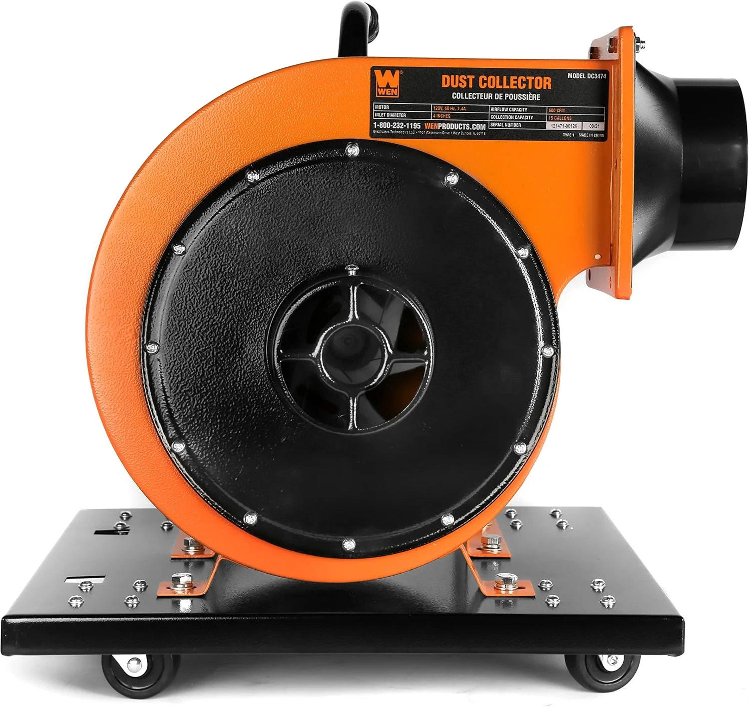 Woodworking Dust Collector, 7.4-Amp Induction Motor with 15-Gallon Bag, Mobile Base, and Optional Wall Mount (DC3474)