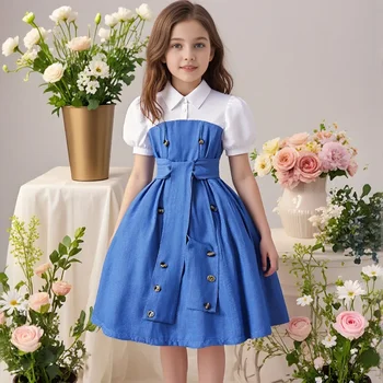 2025 Vintage Elegant Kids Girl Dress Summer Short Sleeves School Graduation Birthday Party Children Dresses 7 8 9 10 11 12 Yrs 1