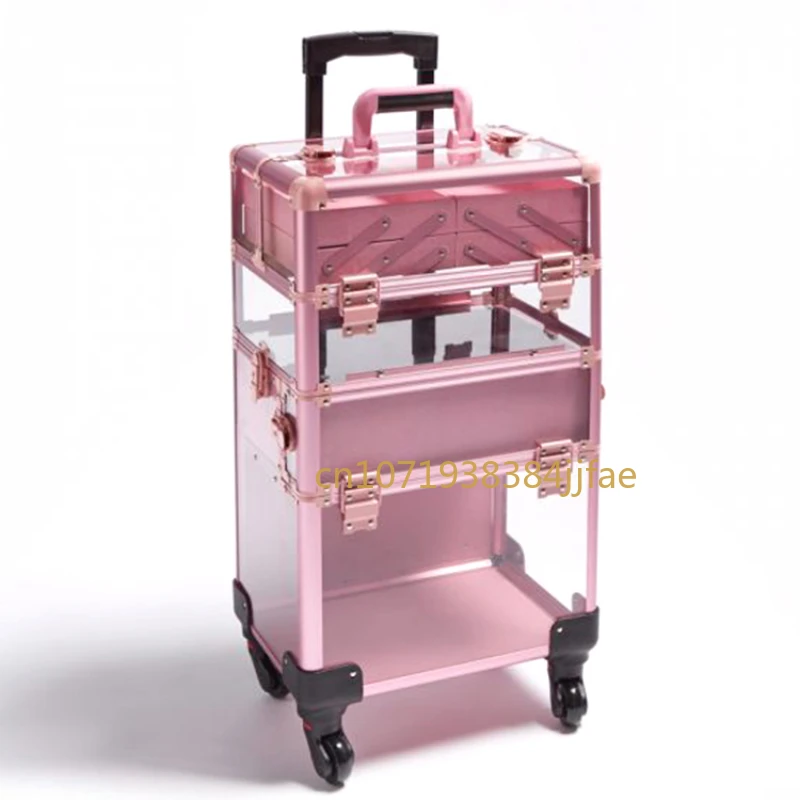 Estuche de aluminio para maquillaje con mesa, carrito de viaje rodante para salón de belleza,almacenamiento para peluquería cosmética