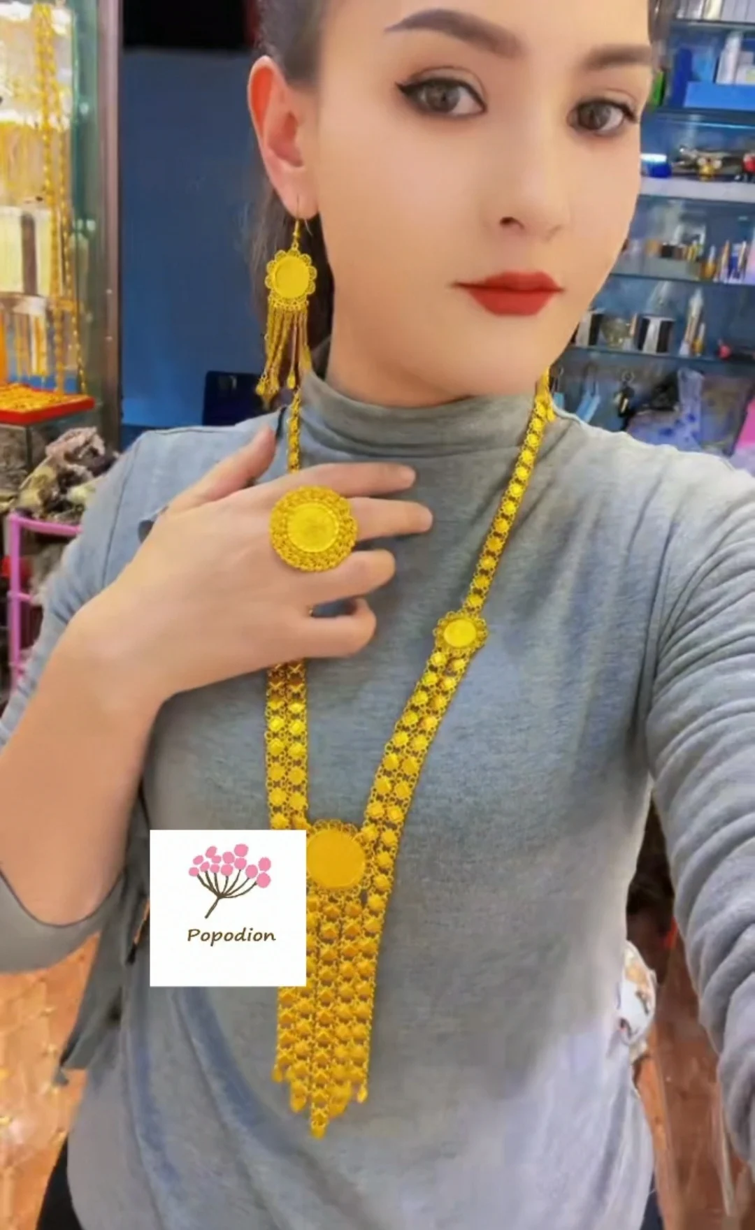 

New Dubai 24K Gold Plated Bride Wedding Necklace Earrings Party Anniversary Gift Jewelry Popodion YY10391