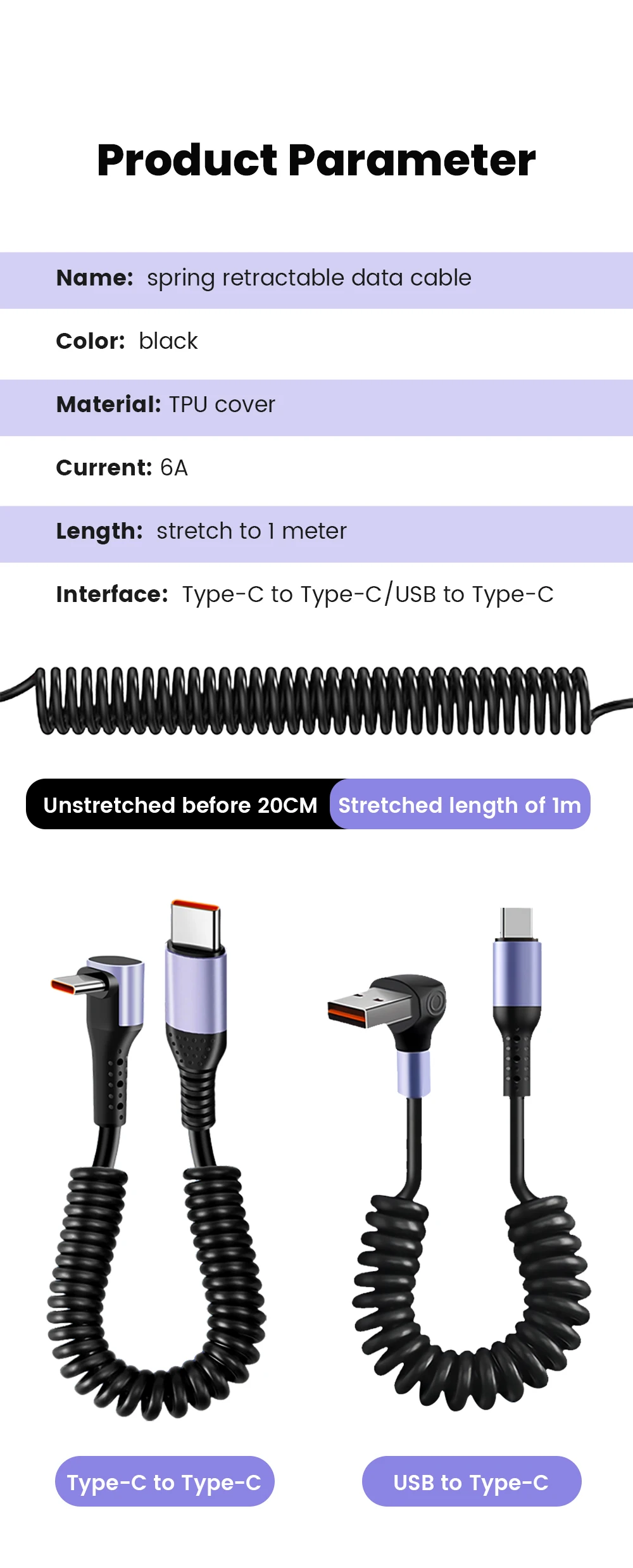 66W Car Spring Cable Fast Charging 6A 20CM To 1M Type C To Type C Data Cord For iPhone 15 16 Samsung Huawei Xiaomi USB C Cable
