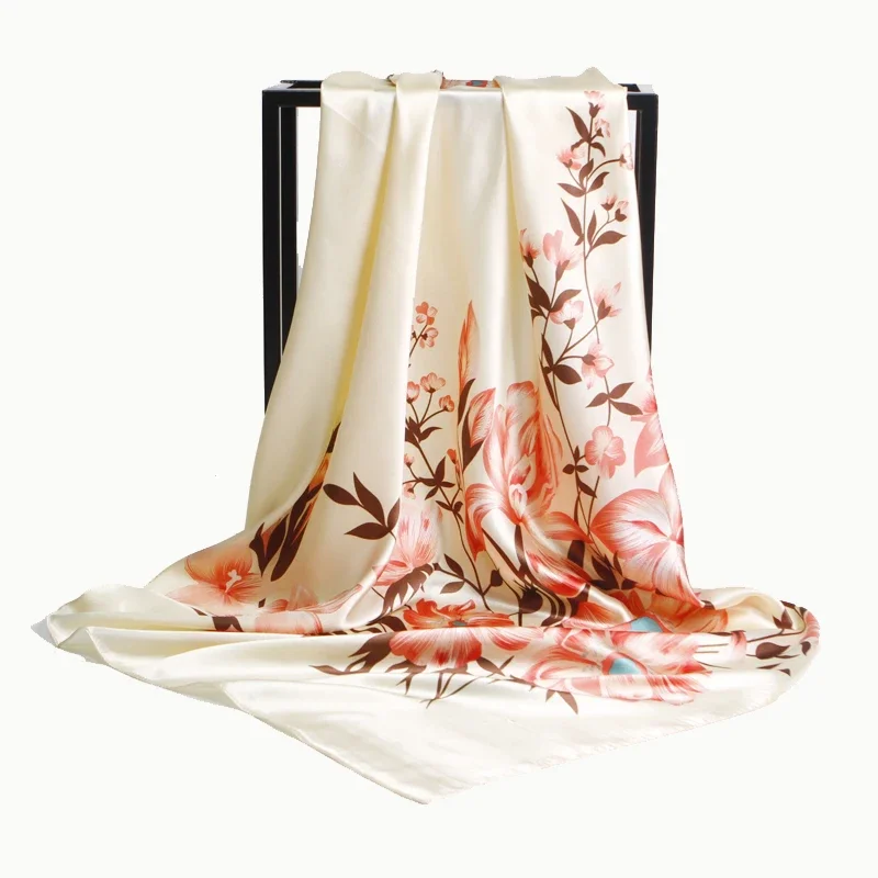 FashionFauxSilkScarvesWomenFlowerPrintHijabScarfSquareShawl