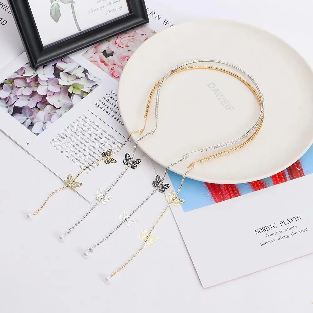 

Simple Sweet Pearl Butterfly Women French Rhinestone Tassel Headband Hair Accessories Thin Hair Hoop