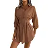 Women's Fashion Lantern Sleeve Waist Long Shirts Spring Summer Lady Office Lapel Button Long Sleeve Solid Color Shirt Mini Dress 2