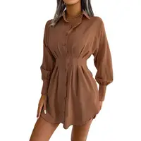 Women's Fashion Lantern Sleeve Waist Long Shirts Spring Summer Lady Office Lapel Button Long Sleeve Solid Color Shirt Mini Dress 2