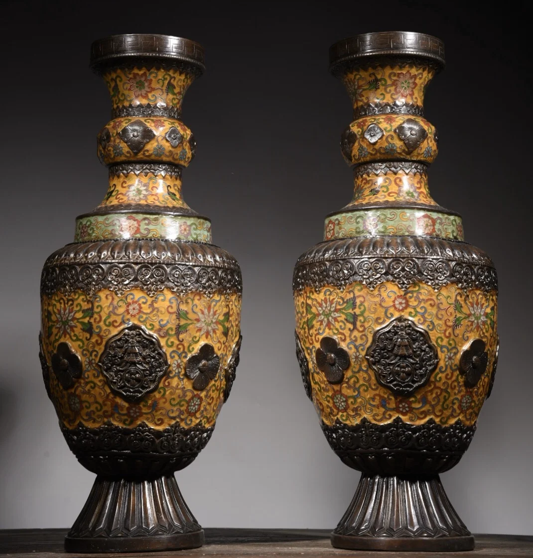 

24"Tibetan Temple Collection Old Bronze Cloisonne Enamel Eight Auspicious Treasures Buddha Bottle Vase A pair Worship Hall