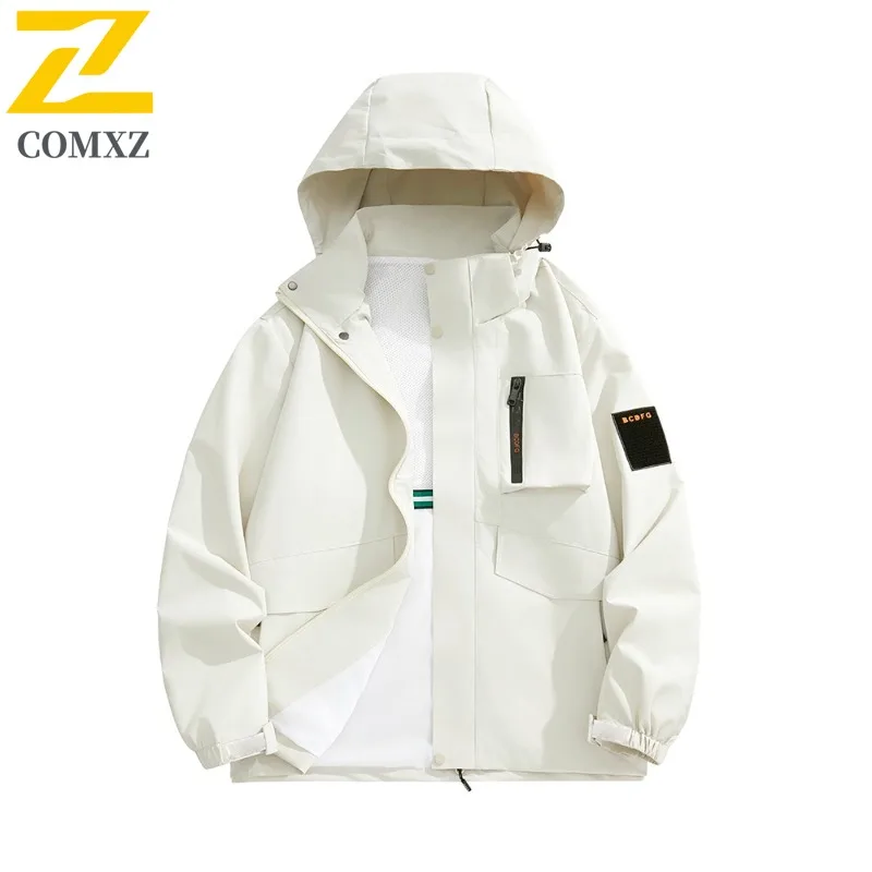 COMXZ Minimalist Hooded Design Mens Jacket Mountaineering Windproof Motorcycle Jacket Daily Style Lightweight Autumn Clothing