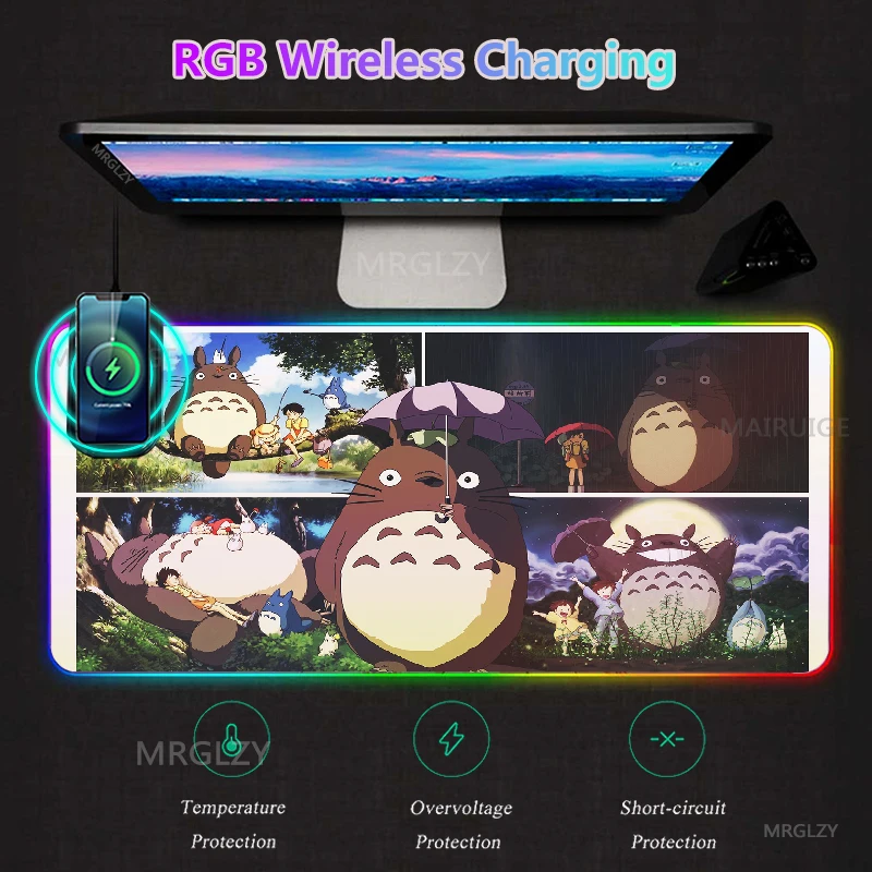 

Anime Totoro RGB Wireless Charging LED MousePad Japanese Desk Mats Typec Carpets Cute Gaming Accessories Mouse Pad Charger Mat