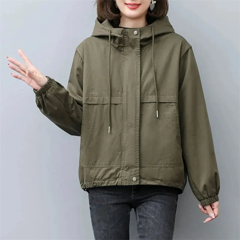 

Pure Cotton Casual Short Jacket Women's Spring Autumn Hooded Windbreaker 2023 New Oversized Loose Solid Tops Female Basic Coat