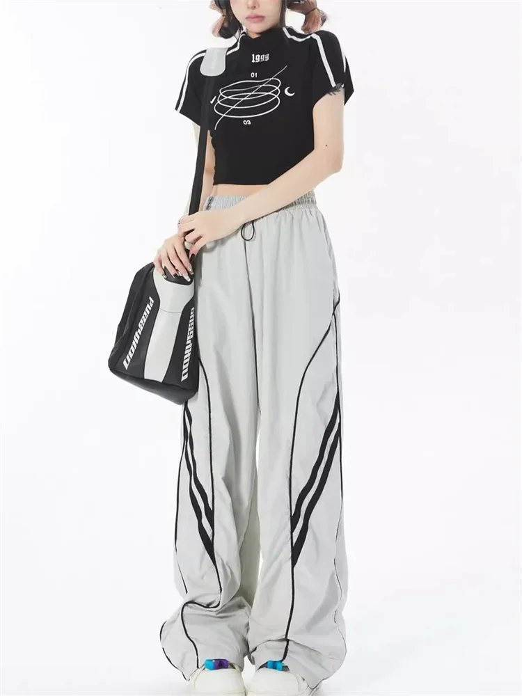 QWEEK Harajuku Egirl Gray Track Pants Women Y2K Vintage Striped Sweatpants Oversized Streetwear Hippie Wide Leg Black Joggers qweek trashy y2k grunge cargo jeans women black gothic baddies streetwear baggy denim pants autumn harajuku fashion korean style