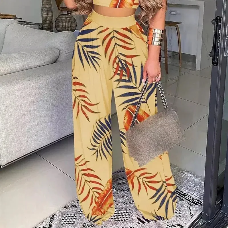 American Style Commute Summer New Pants Women's Patchwork Printing Ruched Elastic Waist Loose Straight Casual Wide Leg Trousers