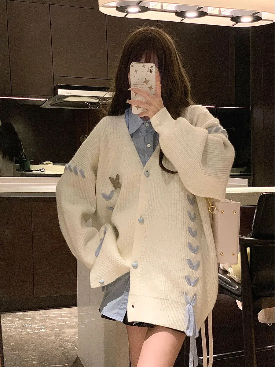 Preppy V-neck Cardigan Sweaters for Women Sweet Lace-up Kawaii Schoolgirls Long-sleeved Knitwear Coat Ins Autumn Korean Version