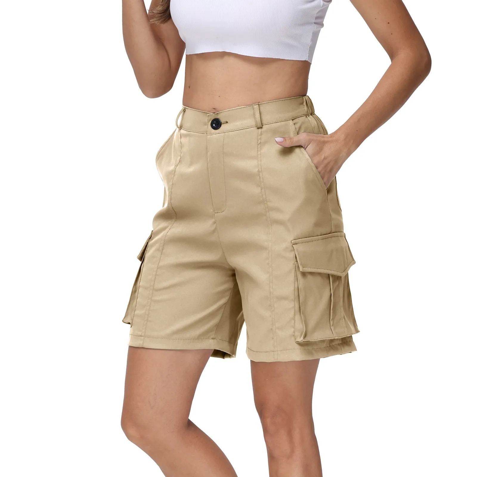 Short Femme Short Cargo Femme JINSHI Été - Randonnée Séchage Rapide - 6 Poches - Taille Élastique - Nylon Viscose Short Séchage Rapide