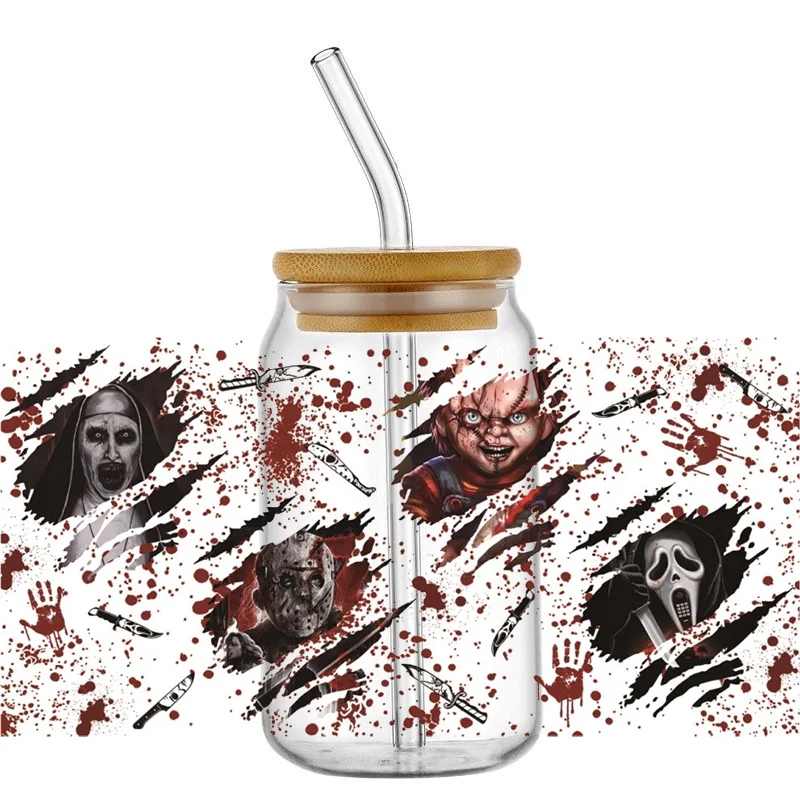 Miniso The Killer Series Decal UV DTF Cup Wrap Halloween Transfer Sticker for 16oz Libbey DIY Mug Decal Transfer Sticker sticker cups cup wraps uv dtf wrap transfer