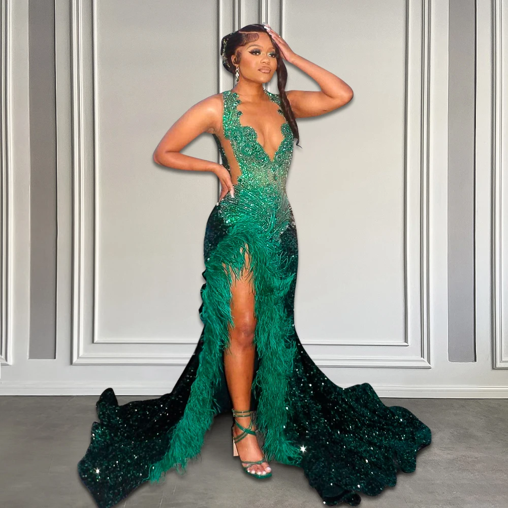 

Женское платье-Русалка для выпускного вечера, длинное зеленое платье с разрезом и перьями, роскошное платье с зелеными кристаллами и бусинами, модель 2024