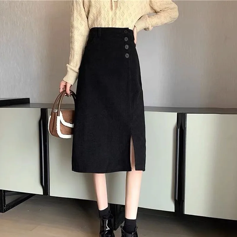 New Autumn/Winter Fashion Trend Corduroy Split High Waist Versatile Slim and Fashionable Women's Mid Length Half Body Wrap Skirt