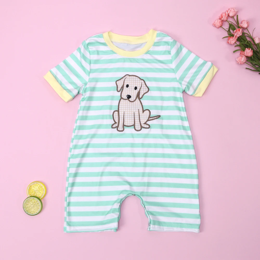 Boutique Baby Kids Cotton Short Sleeved Yellow T-shirt Set Round Neck Puppy Printing Boy Top Clothes And Green Stripe Short Suit