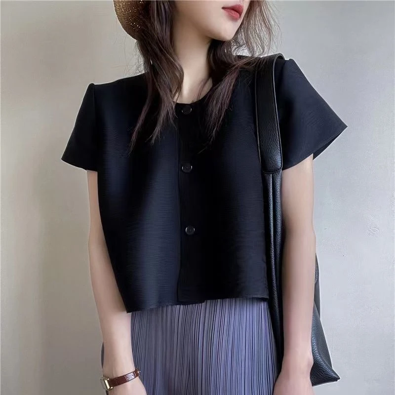 Summer New Solid Color Fashion Round Neck Shirt Women High Street Casual Loose Button Short Sleeve Cardigan Cute All-match Tops